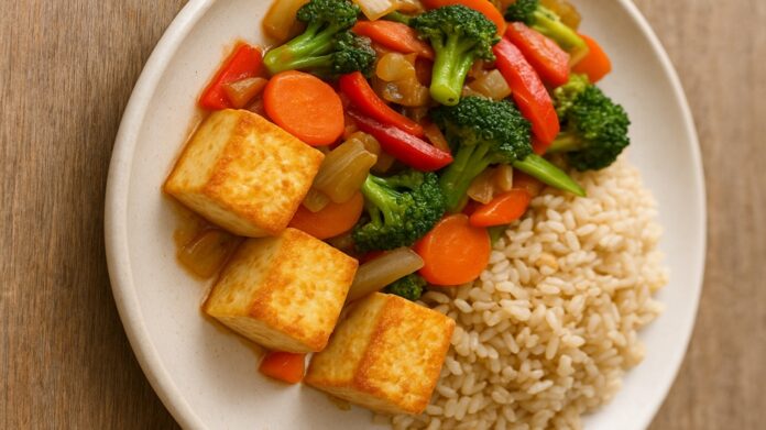 Tofu s dusenou zeleninou a hnedou ryžou. Foto - AI