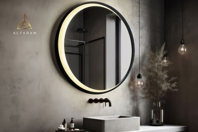 Okrúhle zrkadlo v čiernom MDF ráme s pieskovaným mesiacom LED – MIDNIGHT LED. Foto – Alfaram